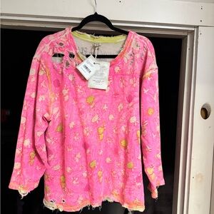 Magnolia Pearl Pink and Yellow Distressed Sweatshirt One of a kind (OOAK)
